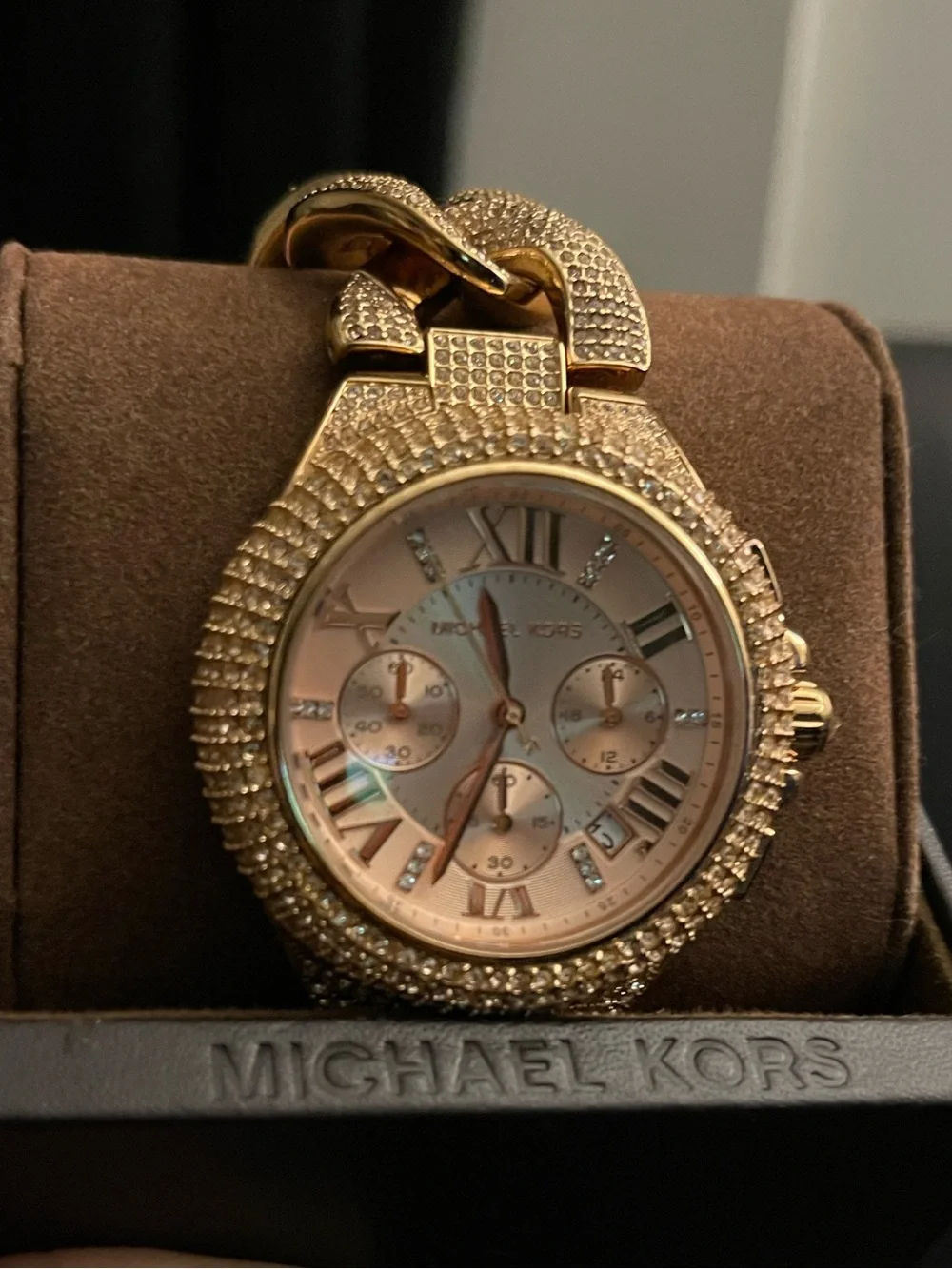 Michael Kors Women’s Rose Gold Crystal Pavé Chronograph Watch EUC MK3196 44MM